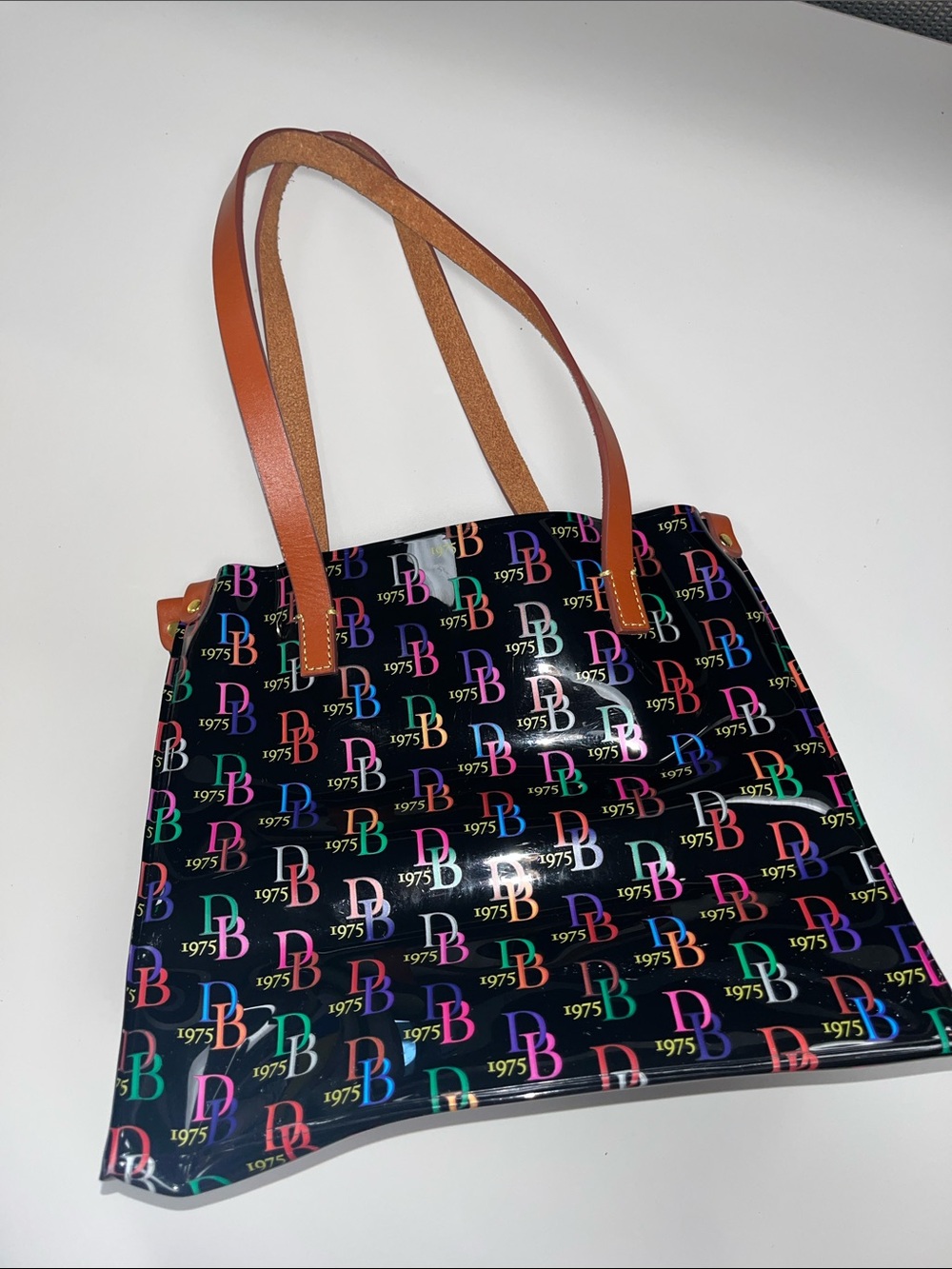 Dooney & Bourke Black Patent Tote with Multicolor DB Logo and Tan Straps - Picture 4 of 10